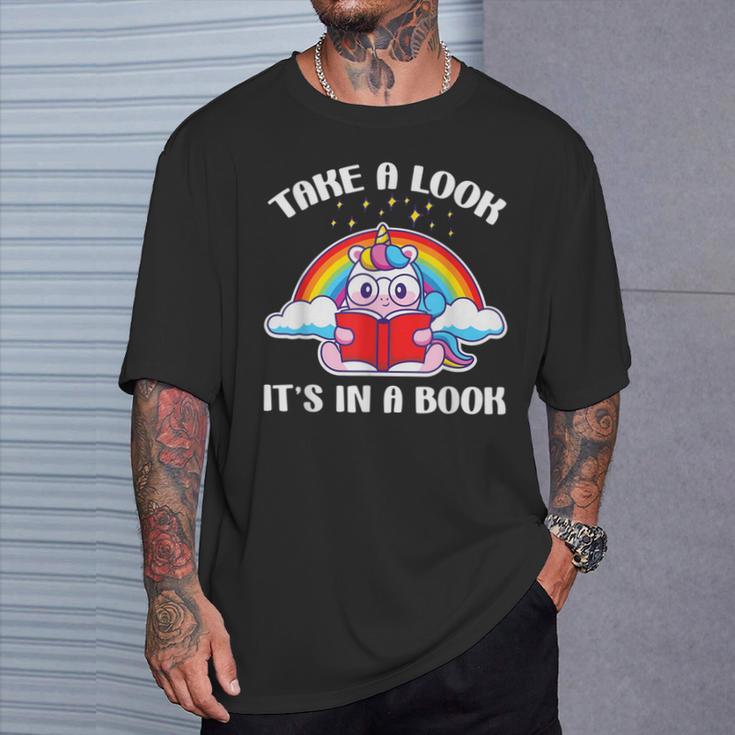 Reading Unicorn Take A Look It's In A Book Retro Rainbow T-Shirt Gifts for Him