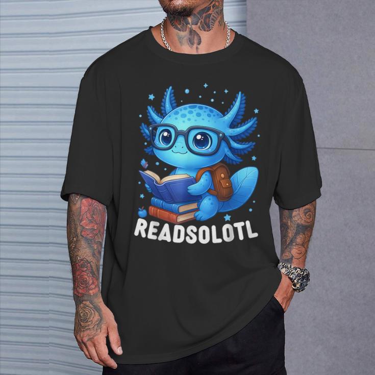 Readsolotl Blue Kawaii Axolotl Book Lover Reading T-Shirt Gifts for Him