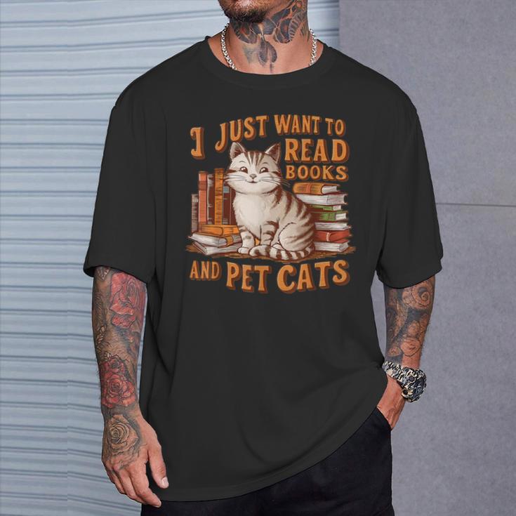 Retro I Just Want To Read Books And Pet Cats Cat T-Shirt Gifts for Him