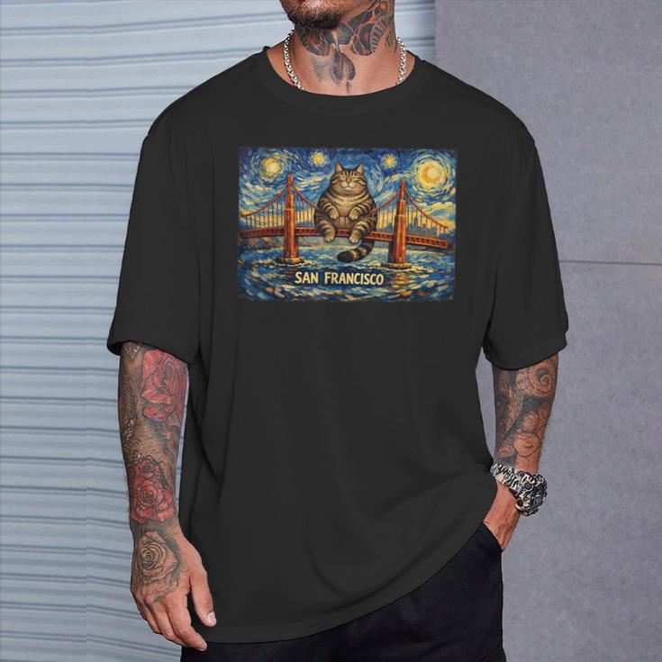 San Francisco Cat Golden Gate Bridge Starry Night Book Lover T-Shirt Gifts for Him