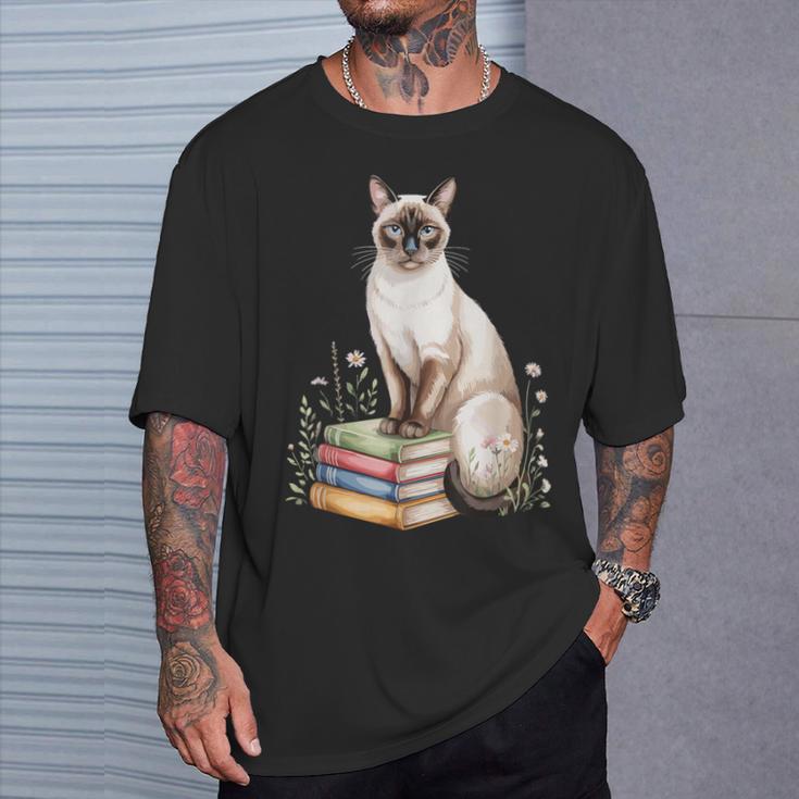 Siamese Cat Meezer Bookworm Flowers Book Reading Books T-Shirt Gifts for Him Siamese Cat Meezer Bookworm Flowers Book Reading Books T-Shirt Gifts for Him
