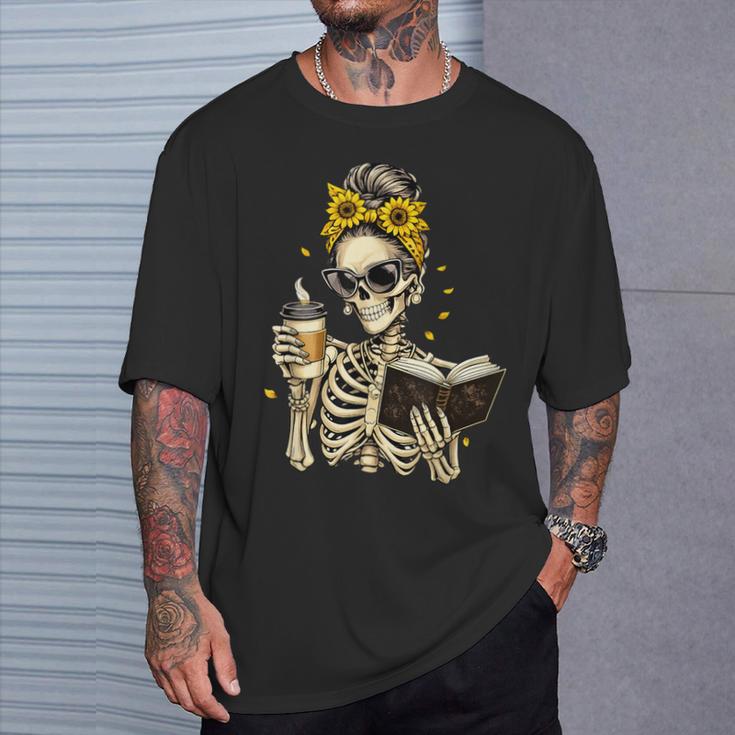 Skeleton Girl Drinking Coffee Bow Sunflower Book Lover T-Shirt Gifts for Him Skeleton Girl Drinking Coffee Bow Sunflower Book Lover T-Shirt Gifts for Him