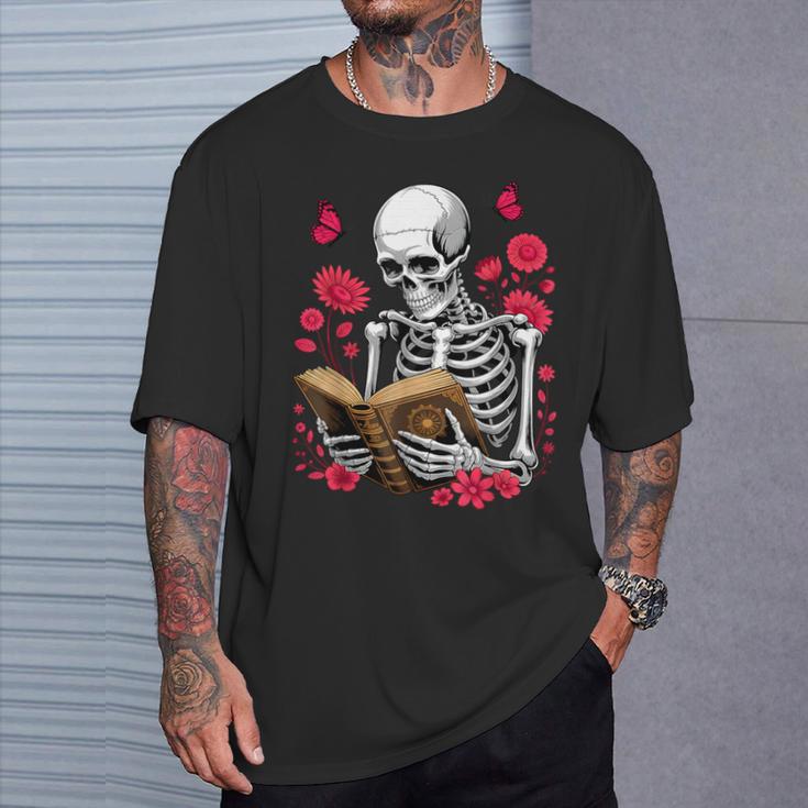 Skeleton Reading Book Lover Floral Flowers Bookish Bookworm T-Shirt Gifts for Him