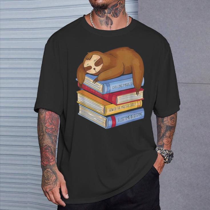 Sloth Napping On Book Stack T-Shirt Gifts for Him Sloth Napping On Book Stack T-Shirt Gifts for Him