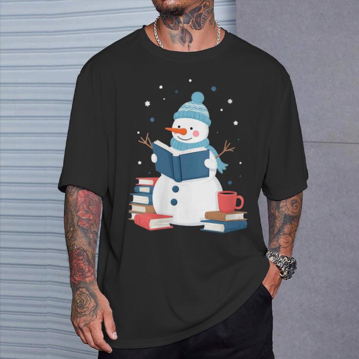 Snowman Reading Book Lover Librarian Reading T-Shirt Gifts for Him