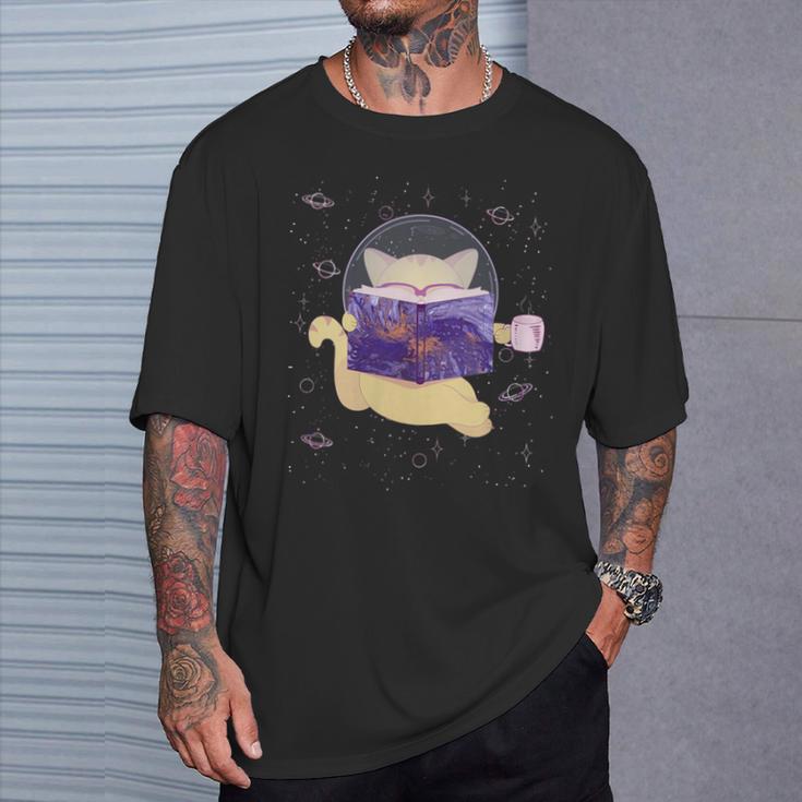 Space Cat Reading Book And Tea Space Cat T-Shirt Gifts for Him