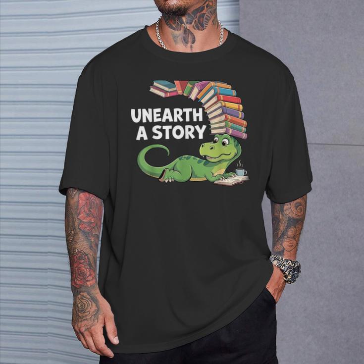 Summer Reading 2026 Unearth a Story Theme Dinosaur Book Nerd T-Shirt Gifts for Him Summer Reading 2026 Unearth a Story Theme Dinosaur Book Nerd T-Shirt Gifts for Him