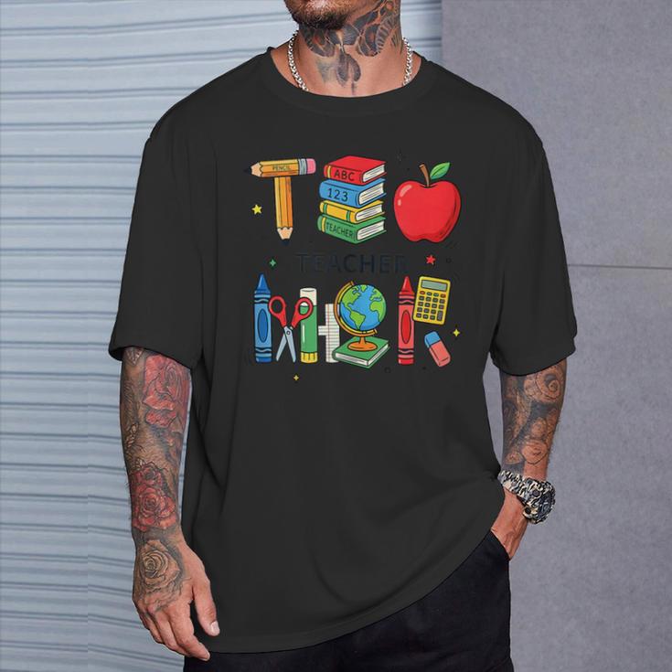 Teacher School Supplies Apple Books Pencil Globe Crayon T-Shirt Gifts for Him