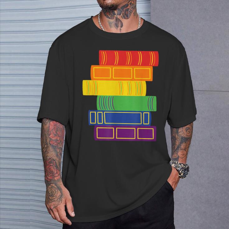 Threadless Grey Sky Chai Rainbow Book Pride Stack Graphic T-Shirt Gifts for Him