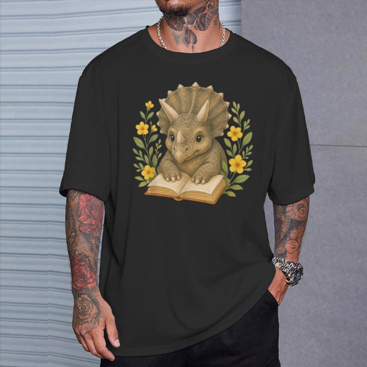 Triceratops Dinosaur Reading Book Flowers Floral T-Shirt Gifts for Him