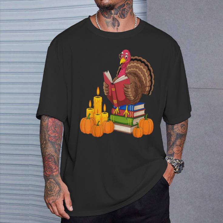 Turkey Reading Books Fall Thanksgiving Teacher Book T-Shirt Gifts for Him