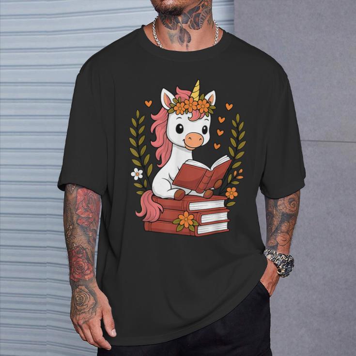 Unicorn Reading Book Graphic Unicorn With Book Floral T-Shirt Gifts for Him