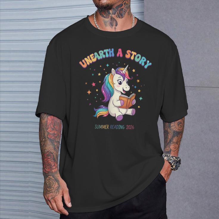 Unicorn Reading a Book Unearth a Story Program 2026 T-Shirt Gifts for Him