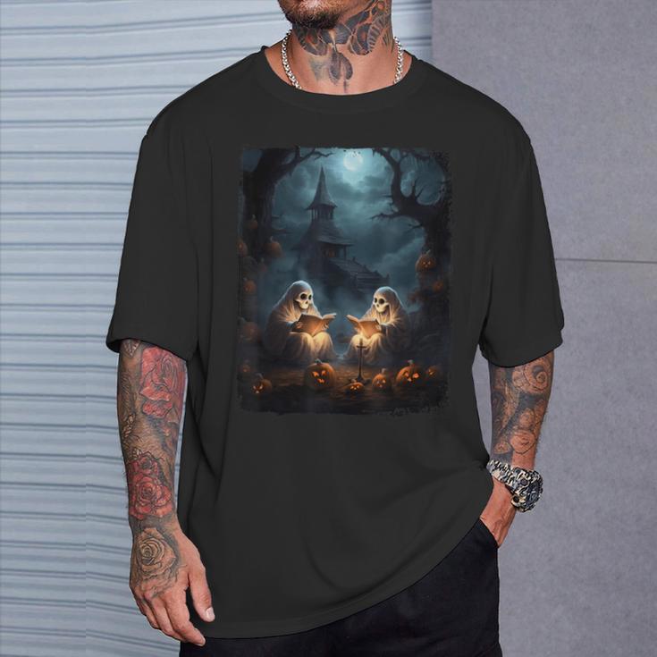 Vintage Boo Halloween Camping Reading Teacher Books Ghost T-Shirt Gifts for Him