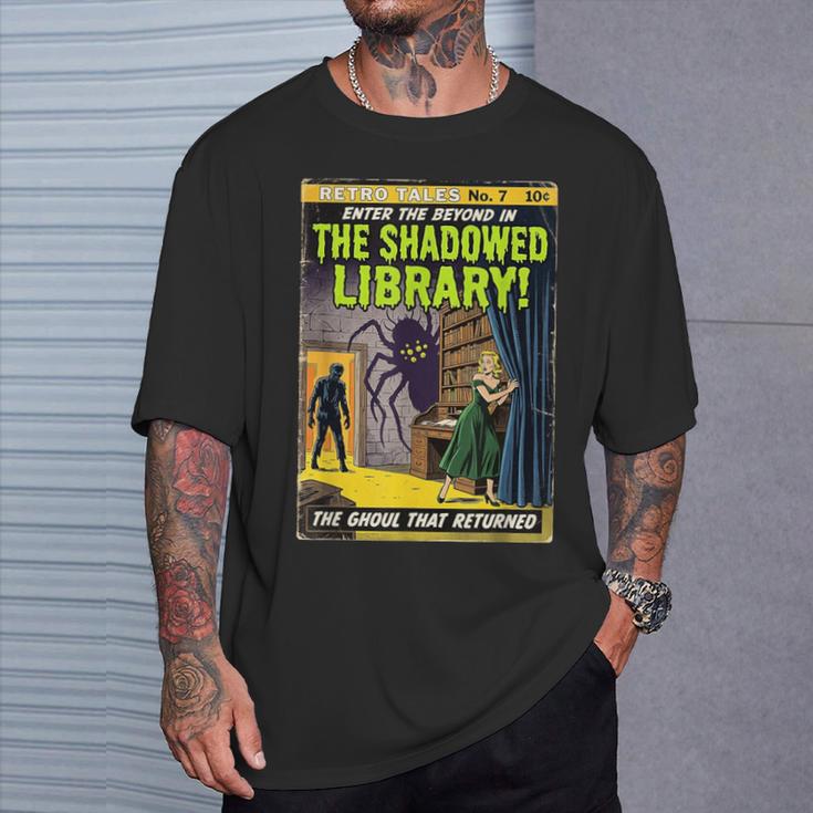 Vintage Horror Comic Book Cover Shadowed Library Zombie T-Shirt Gifts for Him