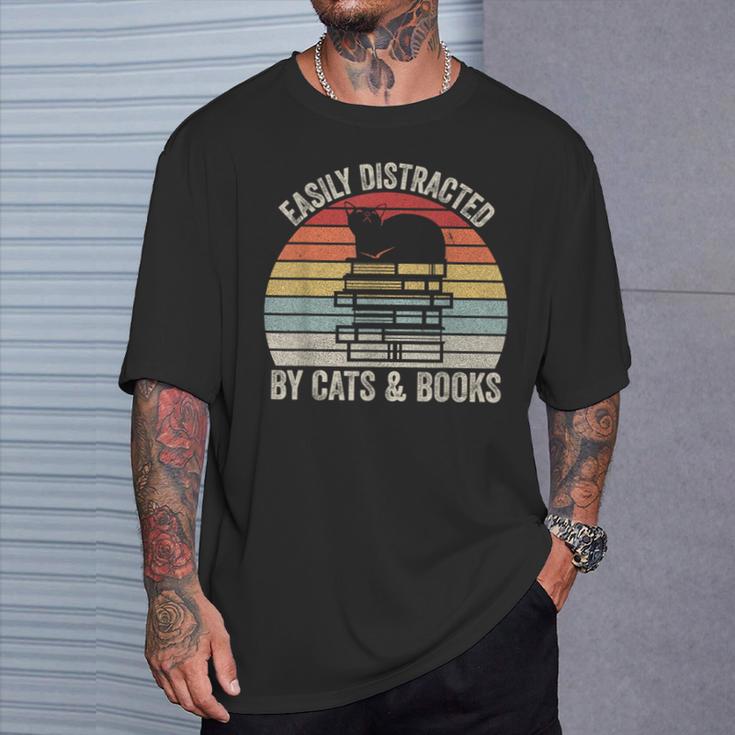 Vintage Retro Easily Distracted By Cats And Books Cat T-Shirt Gifts for Him