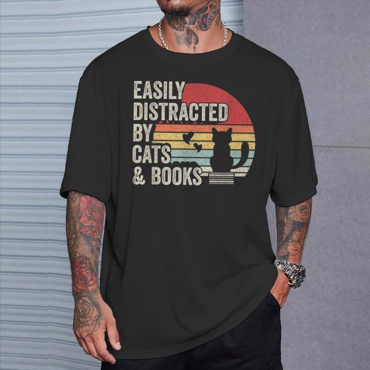 Vintage Retro Easily Distracted By Cats And Books T-Shirt Gifts for Him Vintage Retro Easily Distracted By Cats And Books T-Shirt Gifts for Him