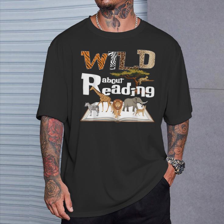 Wild About Reading Animals And Book Lovers Teacher Kids T-Shirt Gifts for Him