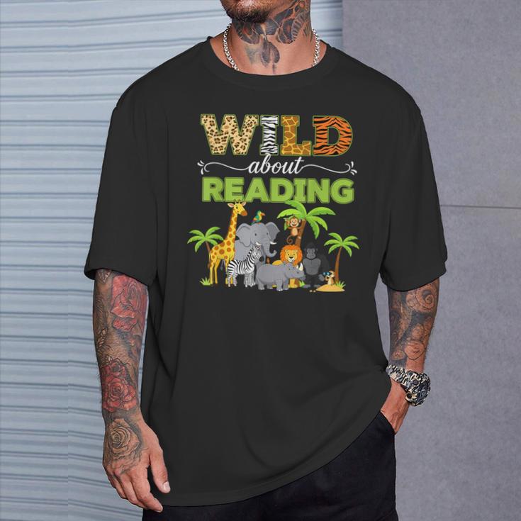 Wild About Reading Books Reader Librarian Wild Animals Lover T-Shirt Gifts for Him
