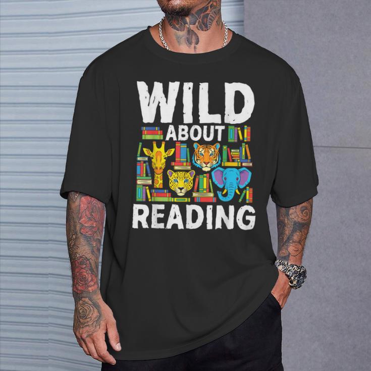 Wild About Reading Safari Animals Books Teacher Student T-Shirt Gifts for Him