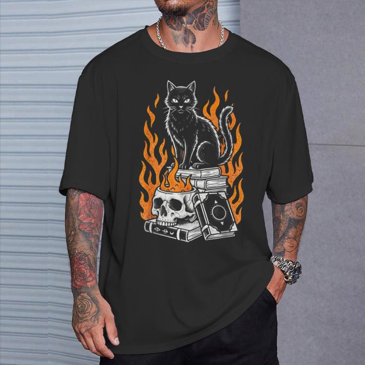 Witchy Creepy Goth Cat Skull Flames Occult Magic Books T-Shirt Gifts for Him