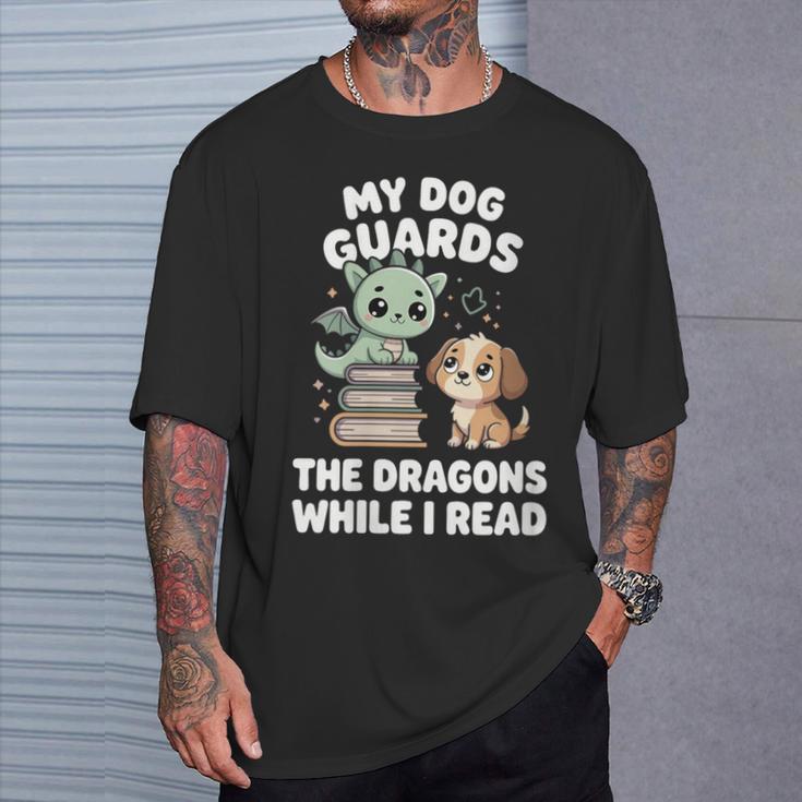 Women's Cute Fantasy Book Reader Apparel Dog Dragon Bookish Magic T-Shirt Gifts for Him