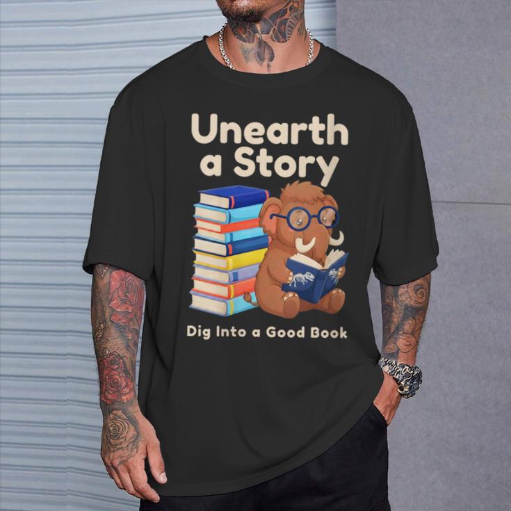 Women's Unearth A Story Reading Mammoth Prehistoric Book Librarian T-Shirt Gifts for Him