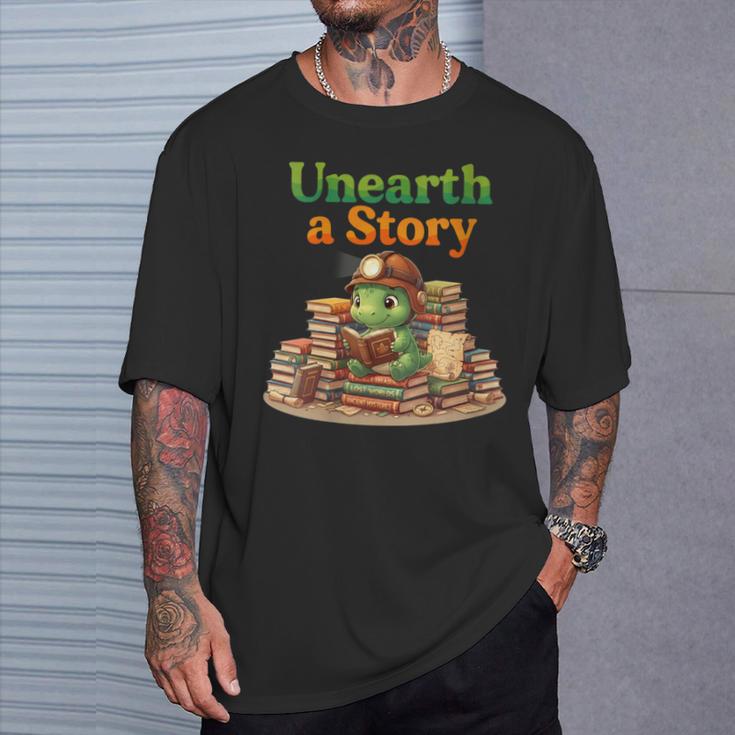 Women's Unearth a Story Summer 2026 Dinosaur Reading Books Dino T-Shirt Gifts for Him