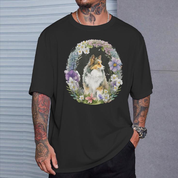 かわいい フラワー シェルティ 夏 花柄 シェットランド シープドッグ Tシャツ 彼への贈り物