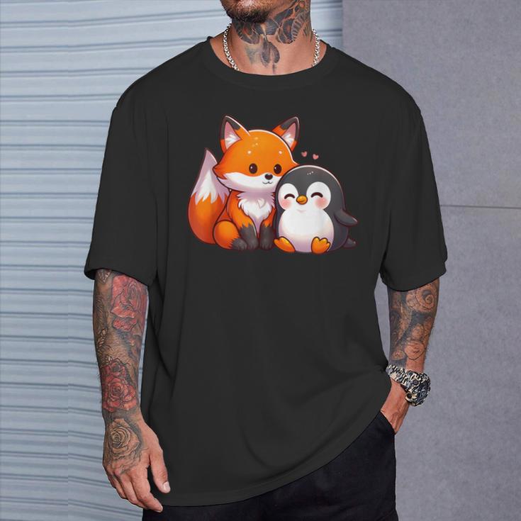 かわいいキツネとペンギンのデザイン Tシャツ 彼への贈り物