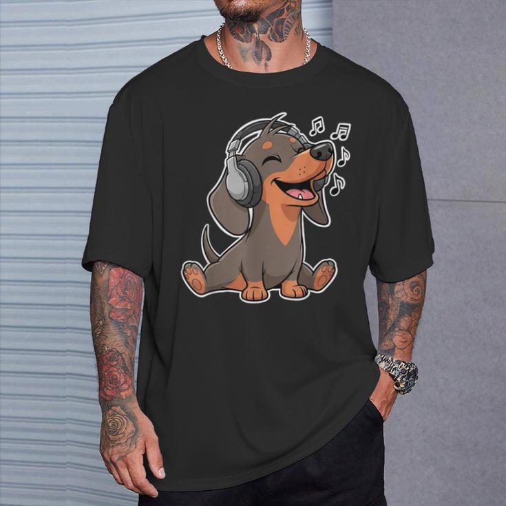 かわいいダックスフント音楽愛好家ヘッドフォン Tシャツ 彼への贈り物