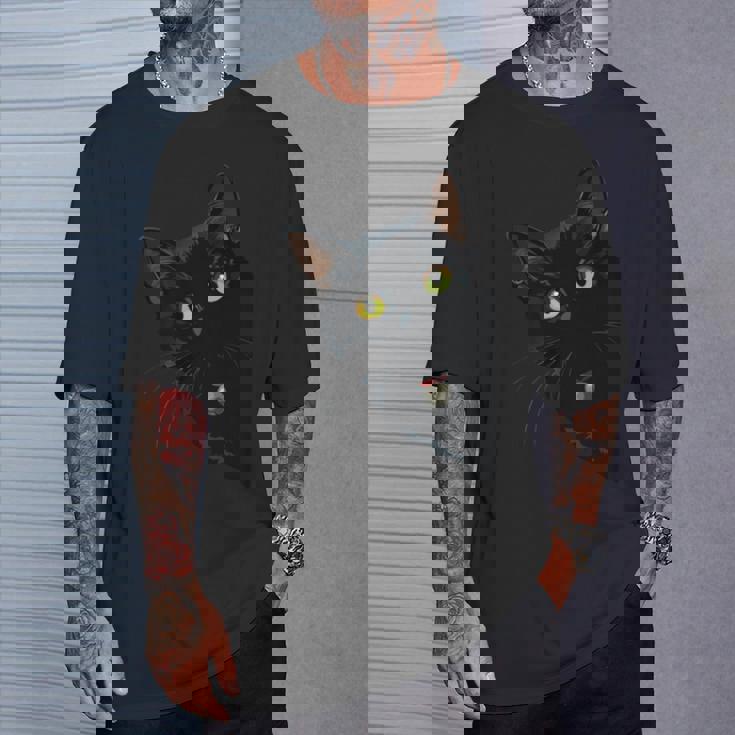 こっそり猫 物陰からじっと見つめる黒猫デザイン 長袖tシャツ Tシャツ 彼への贈り物