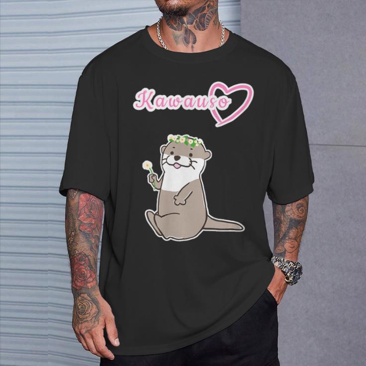 ゆるカワウソさん まるくん『おはなの かんむり』コツメカワウソ かわいい イラスト Tシャツ 彼への贈り物