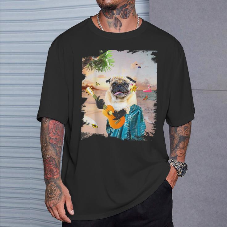 アロハ ハワイアン 犬 パグ ウクレレ ビーチ ファニー Tシャツ 彼への贈り物