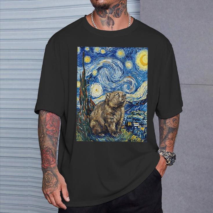 ウォンバット 星月夜 ゴッホスタイル アートペインティング Tシャツ 彼への贈り物
