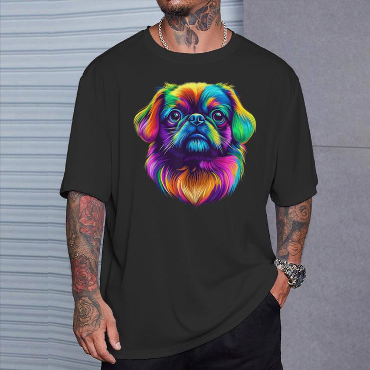 カラフル ペキニーズ犬の顔 かわいい 子犬好き 男性 女性 黒 Tシャツ 彼への贈り物
