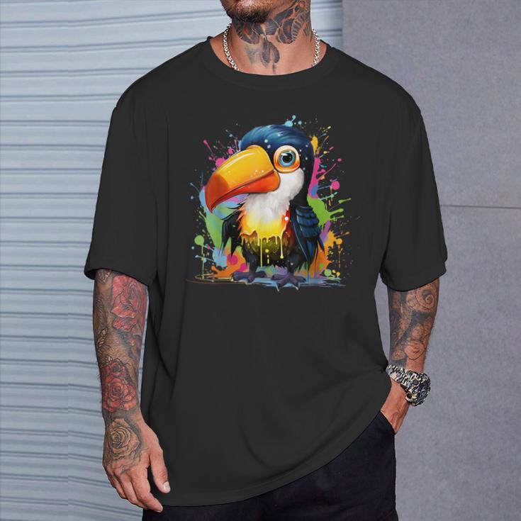 カラフルなペンキの飛沫を持つ小さなオオハシ Tシャツ 彼への贈り物