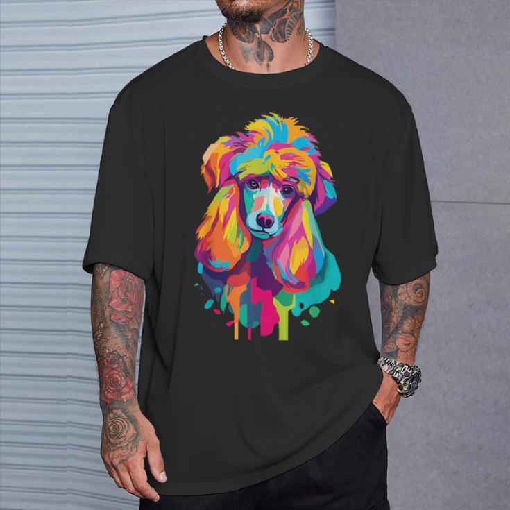 カラフルなポップアートデザイン スタンダードプードル犬 Tシャツ 彼への贈り物
