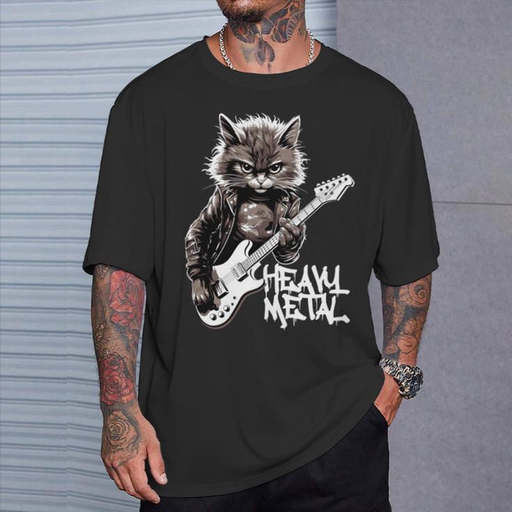 ギターを弾く猫 ヘヴィメタル ロックキャット おもしろギタリスト 長袖tシャツ Tシャツ 彼への贈り物