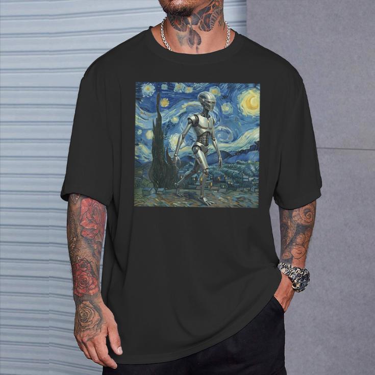 ゴッホ 星月夜 未来アート 面白い ロボット ウォーキング Tシャツ 彼への贈り物