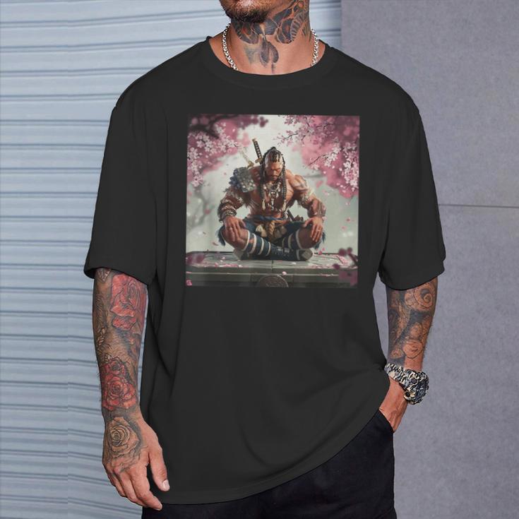 サムライ アフロ アフリカ 瞑想 桜の下 Tシャツ 彼への贈り物