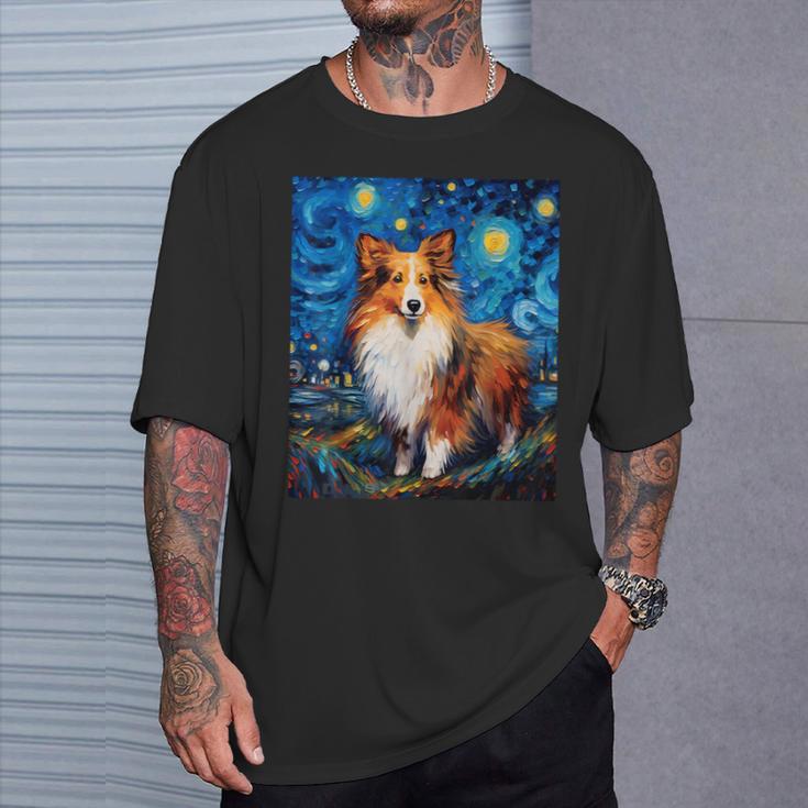 シュールな星月夜シェルティドッグ Tシャツ 彼への贈り物