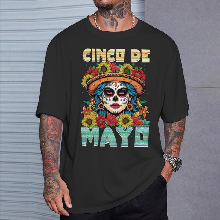 シンコ デ マヨ スケルトン ラ カトリーナ カラベラ フローラル メキシカン 長袖tシャツ Tシャツ 彼への贈り物