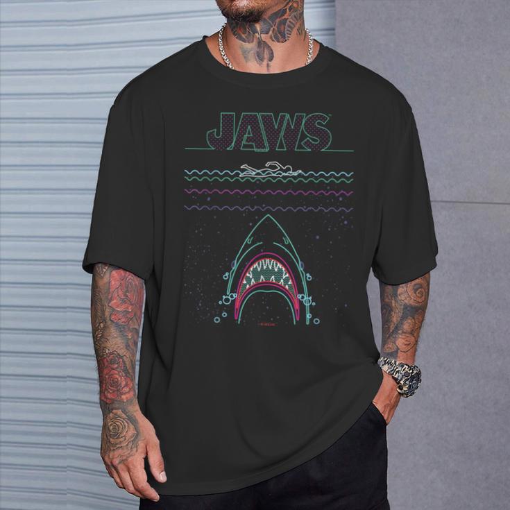 ジョーズ ネオンシャークアタックサーファーアートワーク Tシャツ 彼への贈り物