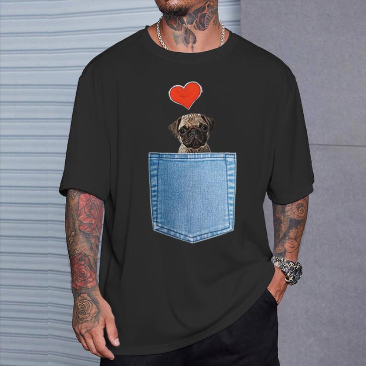 ジーンズポケット付きシャツ パグ犬とハート犬のモチーフ Tシャツ 彼への贈り物