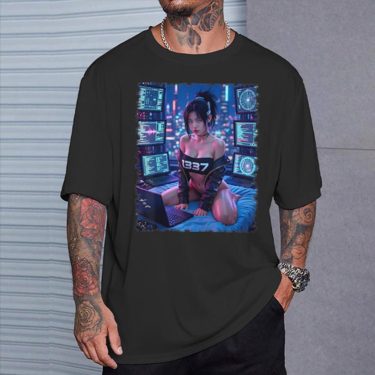 セクシーガールグラフィックtシャツ 1337 サイバーパンク ハッカーガール Tシャツ 彼への贈り物