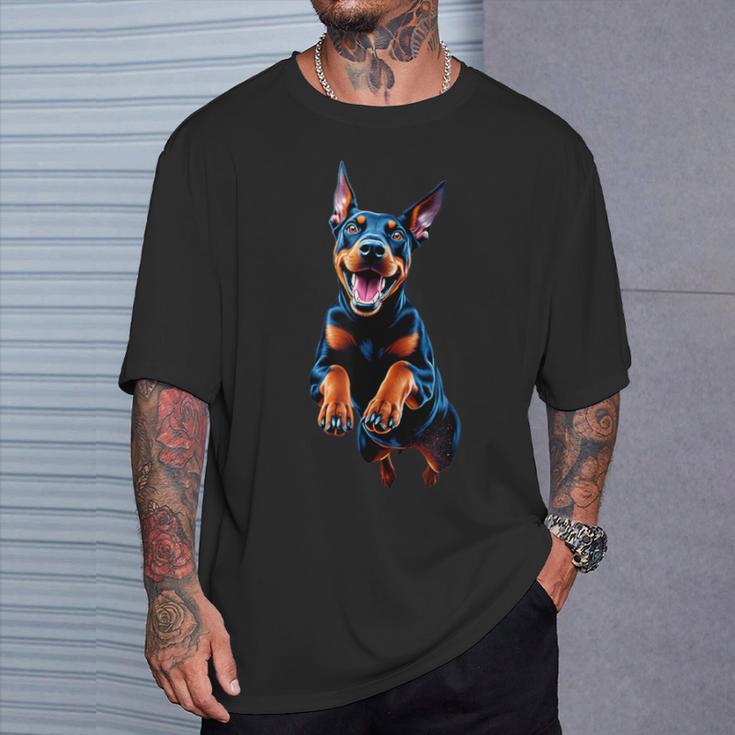 ドーベルマン 犬好きのジャンピングデザイン かわいい 面白い ドーベルマン Tシャツ 彼への贈り物
