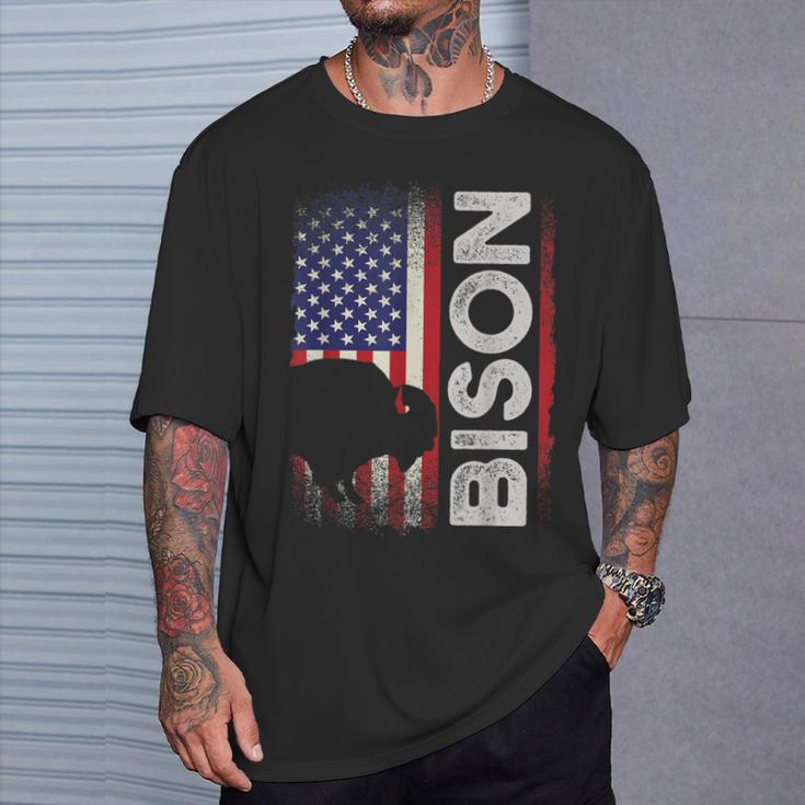 ハンティング アメリカンバイソン クリエイティブ ユーズド加工 アメリカ国旗 ハンター Tシャツ 彼への贈り物