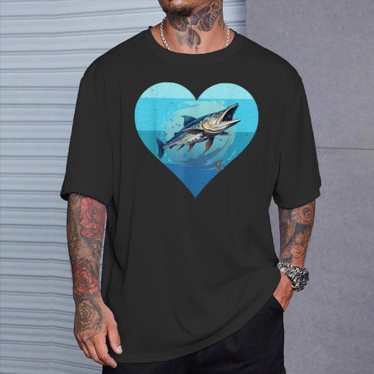 バラクーダ レトロ ハート バラクーダ 釣り 海水魚好き Tシャツ 彼への贈り物