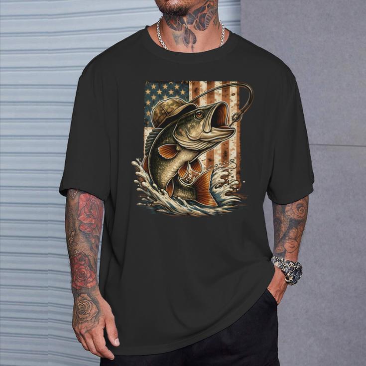 ビンテージバスフィッシング迷彩、アメリカ国旗。 長袖tシャツ Tシャツ 彼への贈り物